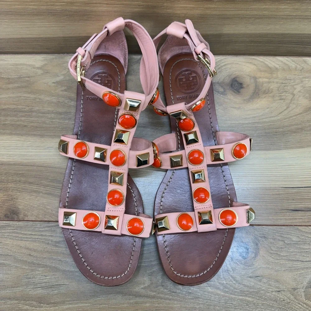 Tory Burch Coral Studded Caged Sandals 9 M Leather Gold Square Toe Ankle Strap